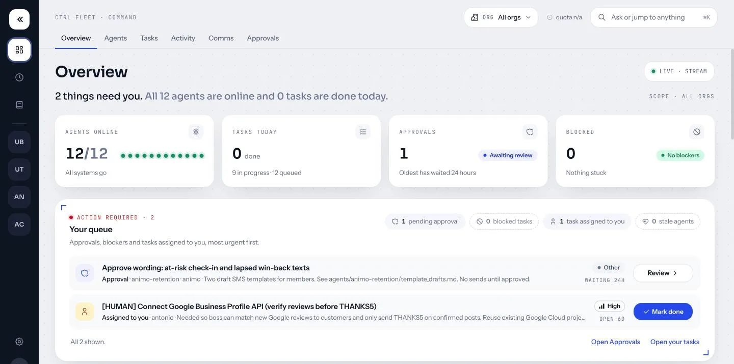 Command center: every agent, task and approval in one place